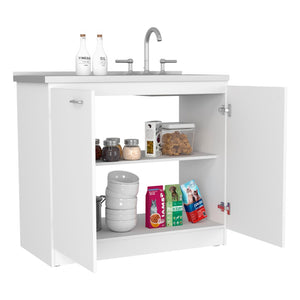 English Elm Utility Sink Cabinet Freestanding Stainless Steel Basin White Farmhouse Storage B092S00093
