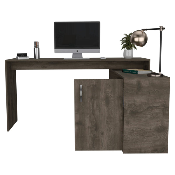 English Elm L-Shaped Desk Desti Dark Brown – Durable Particle Board Office Corner Desk with Cabinet & Shelves, 59.64" W B092S00049