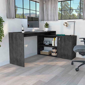 English Elm L-Shaped Corner Desk Desti Smokey Oak Gray – Spacious 59.6"W Workstation, Cabinet & Open Shelves, Durable Particleboard B092S00052