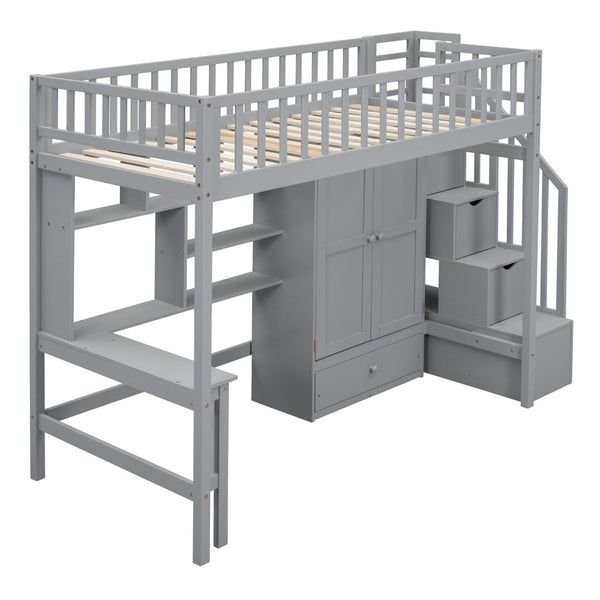 English Elm Twin Loft Bed with Integrated Desk Wardrobe Bookshelf and Storage for Kids Rooms Gray LT100668AAE