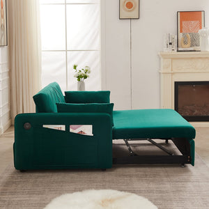 English Elm MH" Velvet Sleeper Sofa Bed with USB Port, 3‑in‑1 Pull-Out Convertible Couch, Removable Pocket Pillows Green W1193137590