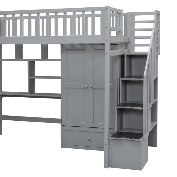 English Elm Twin Loft Bed with Integrated Desk Wardrobe Bookshelf and Storage for Kids Rooms Gray LT100668AAE