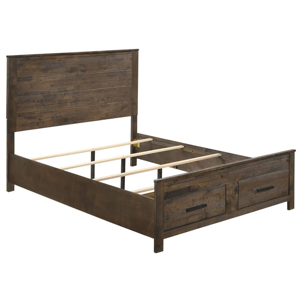 English Elm Rustic Golden Brown Queen Platform Storage Bed with Plank Headboard, 2 Drawers, Solid Hardwood Craftsmanship B062S00265