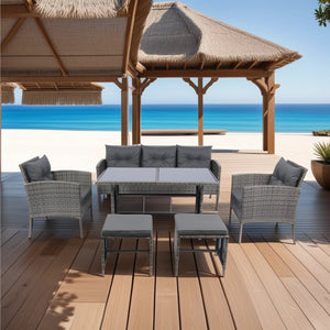 English Elm 6 Piece Patio Wicker Sectional Set with Space-Saving Nesting Design, Steel Frame, Tempered Glass Table and Weatherproof Cushions Grey W329S00042