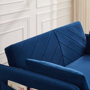 English Elm MH" Velvet Sleeper Sofa Bed with USB Port, 3‑in‑1 Pull-Out Convertible Couch, Removable Pocket Pillows Blue W1193137591