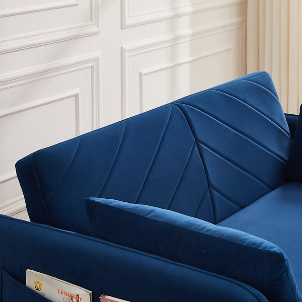 English Elm MH" Velvet Sleeper Sofa Bed with USB Port, 3‑in‑1 Pull-Out Convertible Couch, Removable Pocket Pillows Blue W1193137591