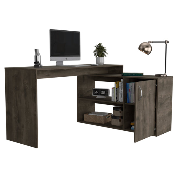 English Elm L-Shaped Desk Desti Dark Brown – Durable Particle Board Office Corner Desk with Cabinet & Shelves, 59.64" W B092S00049