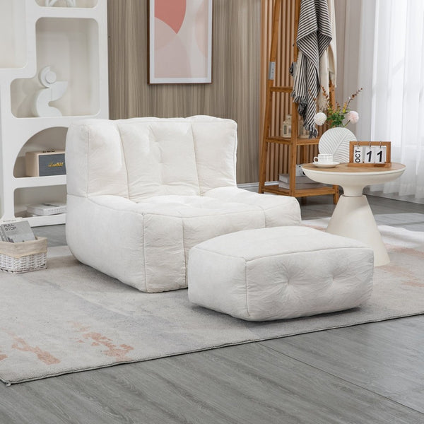 English Elm Fluffy Velvet Bean Bag Lounge Chair with Ottoman Memory Foam Adult Bedroom Seating White W1996131041