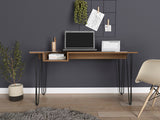 Industrial Mahogany Desk with Glass Top, Metal Legs, and Shelf, 21.70 x 55.10 x 29.20 inches