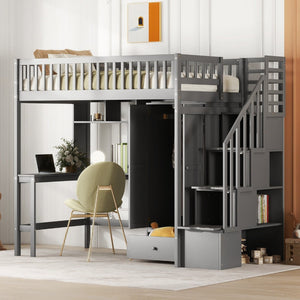 English Elm Twin Loft Bed with Integrated Desk Wardrobe Bookshelf and Storage for Kids Rooms Gray LT100668AAE