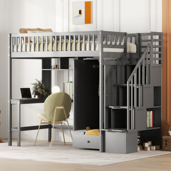 English Elm Twin Loft Bed with Integrated Desk Wardrobe Bookshelf and Storage for Kids Rooms Gray LT100668AAE