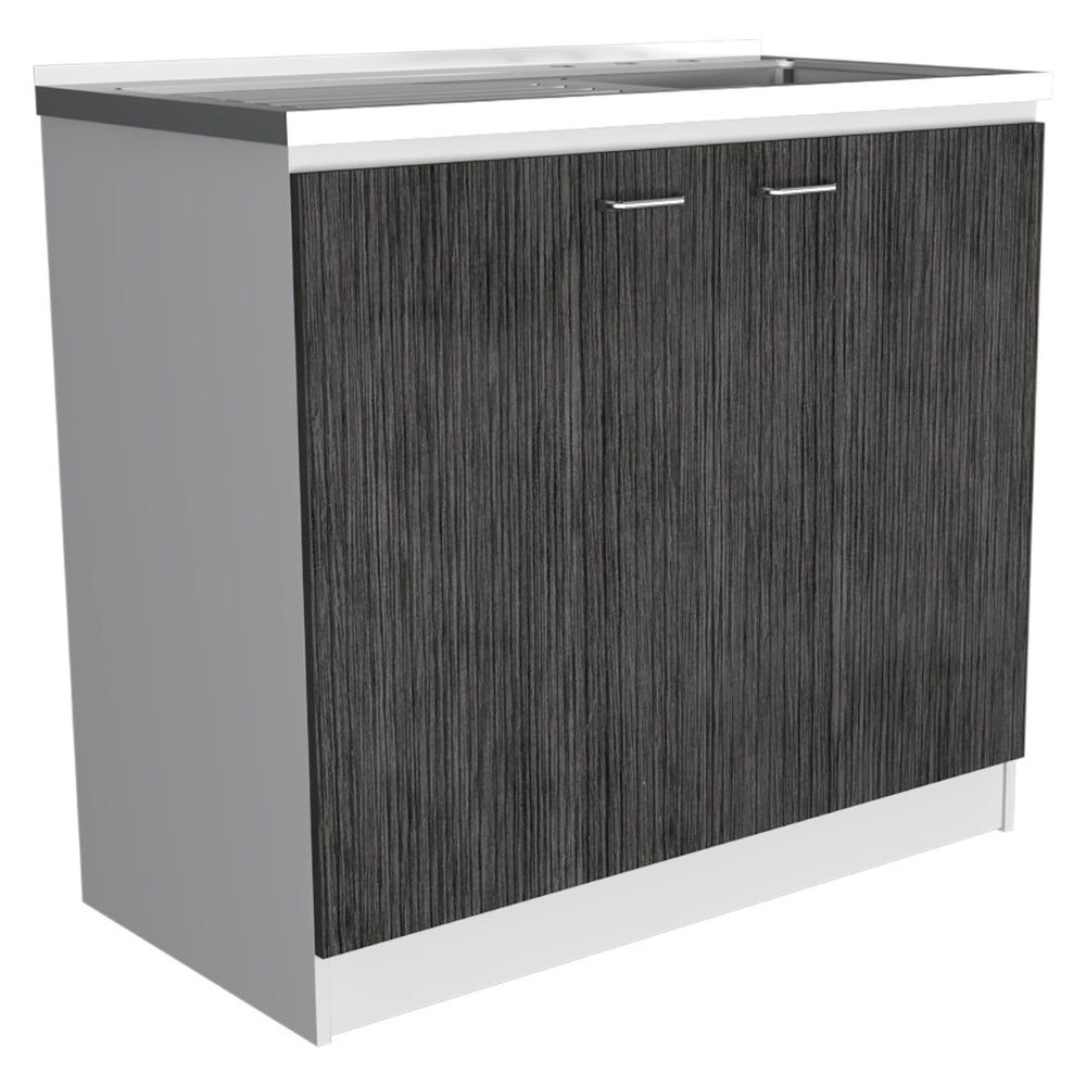English Elm Utility Sink Cabinet Freestanding Stainless Steel Basin White Farmhouse Storage B092S00032