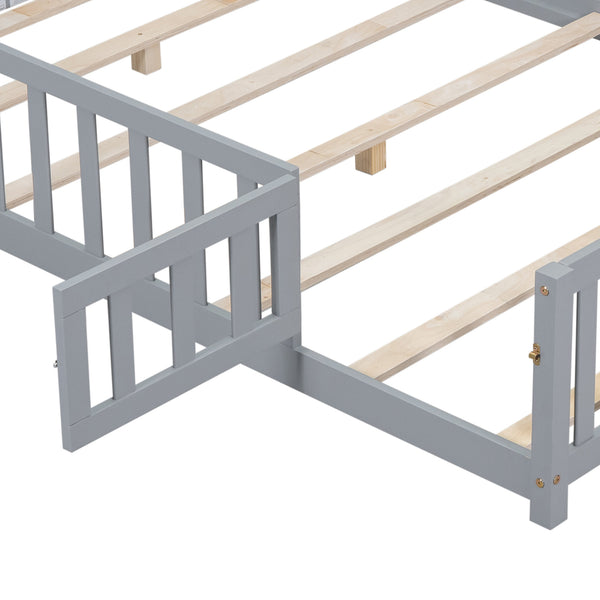 English Elm Full Full Size Floor Platform Bed with Safety Fence and Door, Montessori Toddler Frame with Slats, Sturdy Pine Construction for Secure Sleep and Playtime Grey 77.76 L x 17.52 W x 6.3 H W1716132148