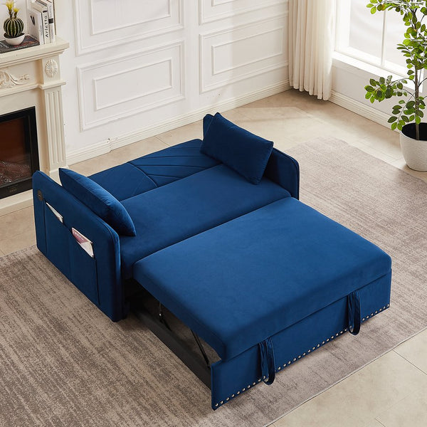 English Elm MH" Velvet Sleeper Sofa Bed with USB Port, 3‑in‑1 Pull-Out Convertible Couch, Removable Pocket Pillows Blue W1193137591