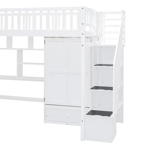 English Elm Twin Loft Bed with Integrated Desk Wardrobe Bookshelf and Storage for Kids Rooms LT100668AAK