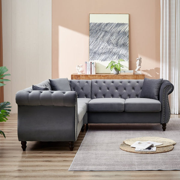 English Elm 83.5-inch L-shaped Sectional Sofa Five Seat Corner Couch with Chesterfield Inspired Style Gray W834S00602