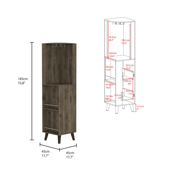 English Elm Corner Bar Cabinet Plex Dark Brown - Space-Saving Living Room Corner Unit with Cup Rack, Drawer, Shelves B092S00107