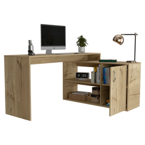English Elm L-Shaped Corner Desk Desti in Light Oak — Spacious 59.6"W Workstation with Shelves & Cabinet, Durable B092S00051