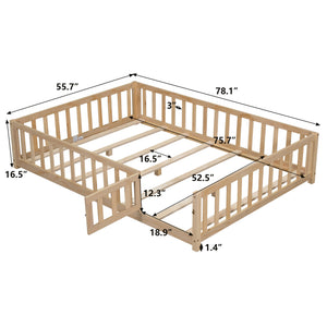 English Elm Full Full Size Floor Platform Bed with Safety Fence and Door, Montessori Toddler Frame with Slats, Sturdy Pine Construction for Secure Sleep and Playtime Natural 77.76 L x 17.52 W x 6.3 H W1716132149