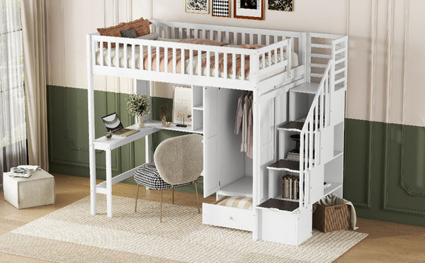 English Elm Twin Loft Bed with Integrated Desk Wardrobe Bookshelf and Storage for Kids Rooms LT100668AAK