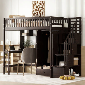 English Elm Twin Loft Bed with Integrated Desk Wardrobe Bookshelf and Storage for Kids Rooms Espresso LT100668AAP