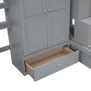 English Elm Twin Loft Bed with Integrated Desk Wardrobe Bookshelf and Storage for Kids Rooms Gray LT100668AAE