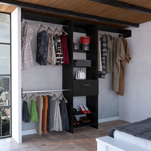 English Elm 250 Closet System British Black - Durable Particle Board Wardrobe with 1 Drawer, 3 Rods, 5 Shelves, 99.7" Top B092S00024