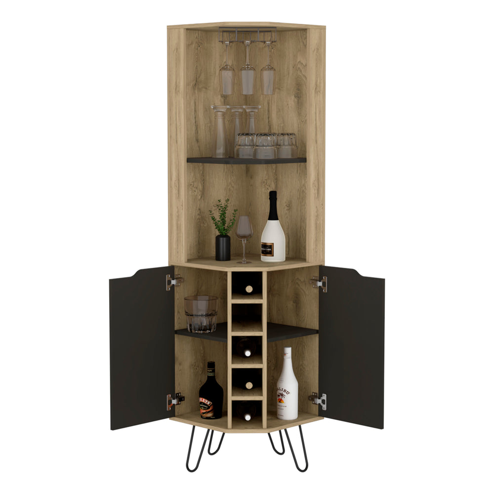 English Elm Corner Bar Cabinet Leverkusen Aged Oak/Black - Corner Wine Storage with Six Cubbies, Cup Rack & Shelves Durable Design (41x22") B092S00069