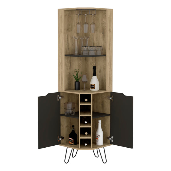 English Elm Corner Bar Cabinet Leverkusen Aged Oak/Black - Corner Wine Storage with Six Cubbies, Cup Rack & Shelves Durable Design (41x22") B092S00069