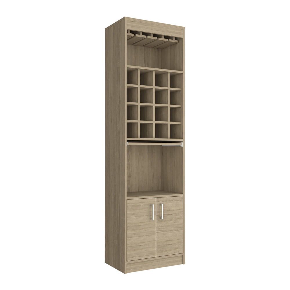 English Elm Bar Cabinet Atanasio Light Pine Beige – 16 Wine Cubbies, Glass Rack, Flexible Shelf, Durable Particleboard B092S00013