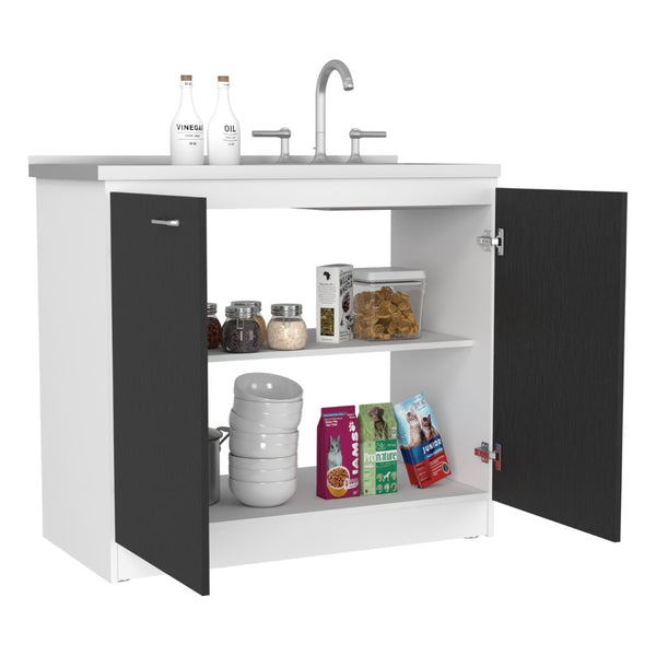 English Elm Utility Sink Cabinet Freestanding Stainless Steel Basin White Farmhouse Storage B092S00094