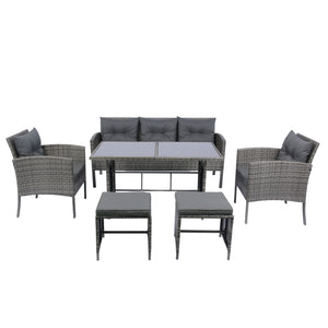 English Elm 6 Piece Patio Wicker Sectional Set with Space-Saving Nesting Design, Steel Frame, Tempered Glass Table and Weatherproof Cushions Grey W329S00042