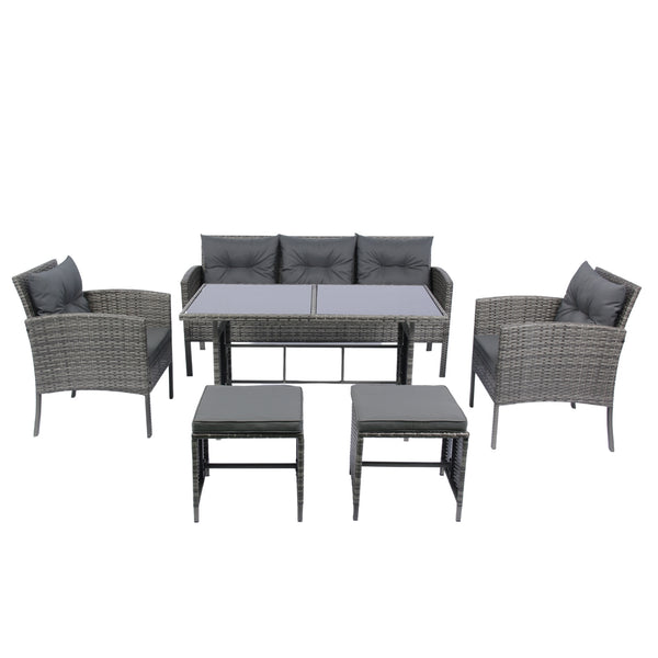 English Elm 6 Piece Patio Wicker Sectional Set with Space-Saving Nesting Design, Steel Frame, Tempered Glass Table and Weatherproof Cushions Grey W329S00042