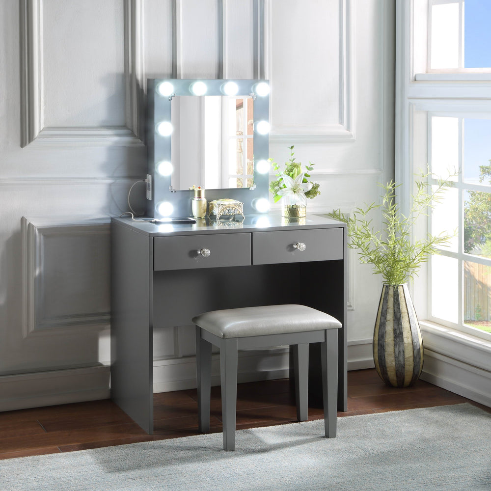 English Elm Gray Makeup Vanity and Stool Set with 10 LED Lights, USB & Outlet, Spacious Drawers, Modern Luxe Design B011P146566