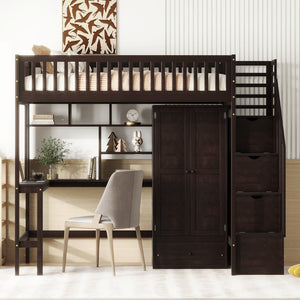 English Elm Twin Loft Bed with Integrated Desk Wardrobe Bookshelf and Storage for Kids Rooms Espresso LT100668AAP