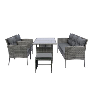 English Elm 6 Piece Patio Wicker Sectional Set with Space-Saving Nesting Design, Steel Frame, Tempered Glass Table and Weatherproof Cushions Grey W329S00042