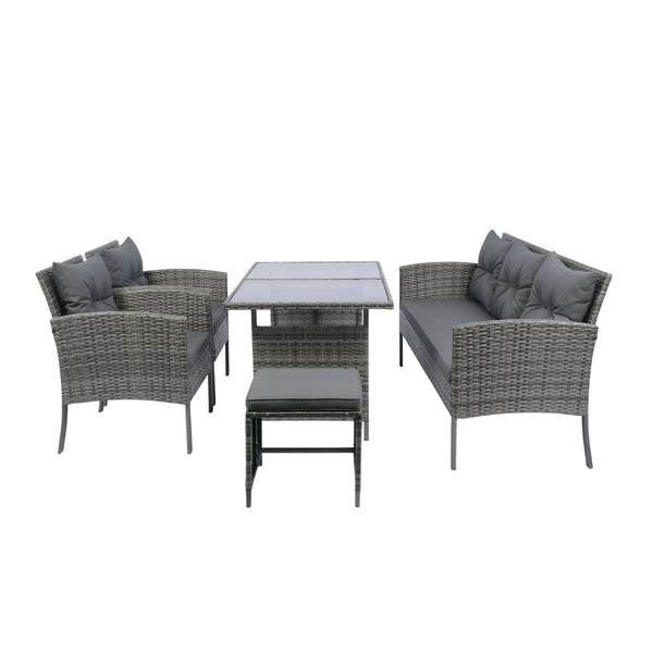 English Elm 6 Piece Patio Wicker Sectional Set with Space-Saving Nesting Design, Steel Frame, Tempered Glass Table and Weatherproof Cushions Grey W329S00042