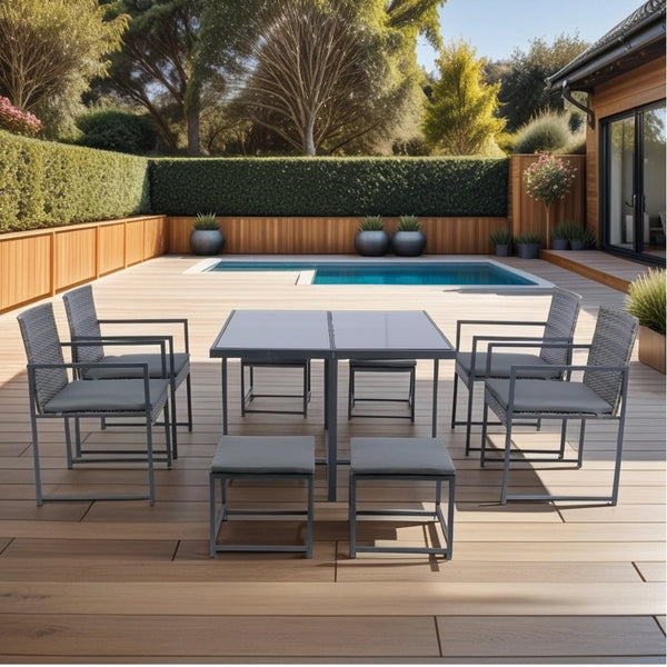 English Elm 9 Patio Dining Set - Space-Saving Rattan Outdoor 9-Piece with Glass Top, Grey Wicker & Cushions W329S00041