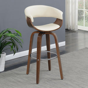 English Elm Walnut Mid-Century Swivel Bar Stool with Ecru Faux Leather Back Walnut Finish Chrome Base Glamorous Comfort B062S00271