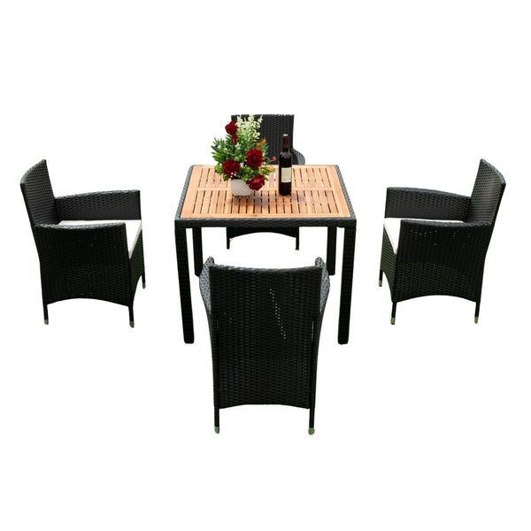 English Elm Eelifee 5-Piece Outdoor Wicker Dining Set With Acacia Wood Top & Plush Crème Cushions For Comfort W329S00039