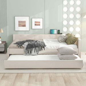 English Elm Queen Linen Upholstered Platform Bed with Pull Out Trundle and Built in Usb Ports DL000559AAA-1