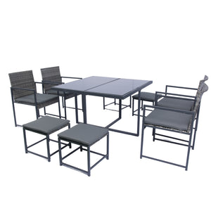 English Elm 9 Patio Dining Set - Space-Saving Rattan Outdoor 9-Piece with Glass Top, Grey Wicker & Cushions W329S00041