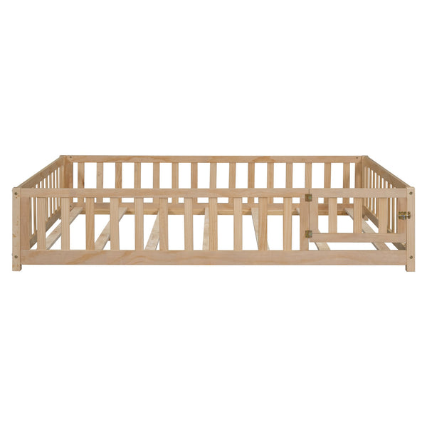 English Elm Full Full Size Floor Platform Bed with Safety Fence and Door, Montessori Toddler Frame with Slats, Sturdy Pine Construction for Secure Sleep and Playtime Natural 77.76 L x 17.52 W x 6.3 H W1716132149