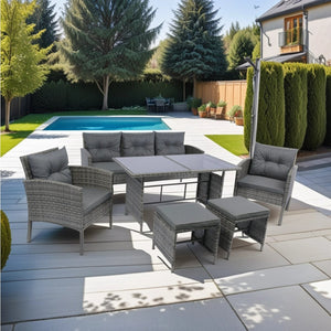English Elm 6 Piece Patio Wicker Sectional Set with Space-Saving Nesting Design, Steel Frame, Tempered Glass Table and Weatherproof Cushions Grey W329S00042