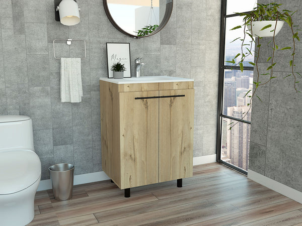 English Elm Floor Cabinet Oxnard Light Oak with Drop-In High-Resistance Resin Sink 23.8" Wide, Durable Design B092S00097