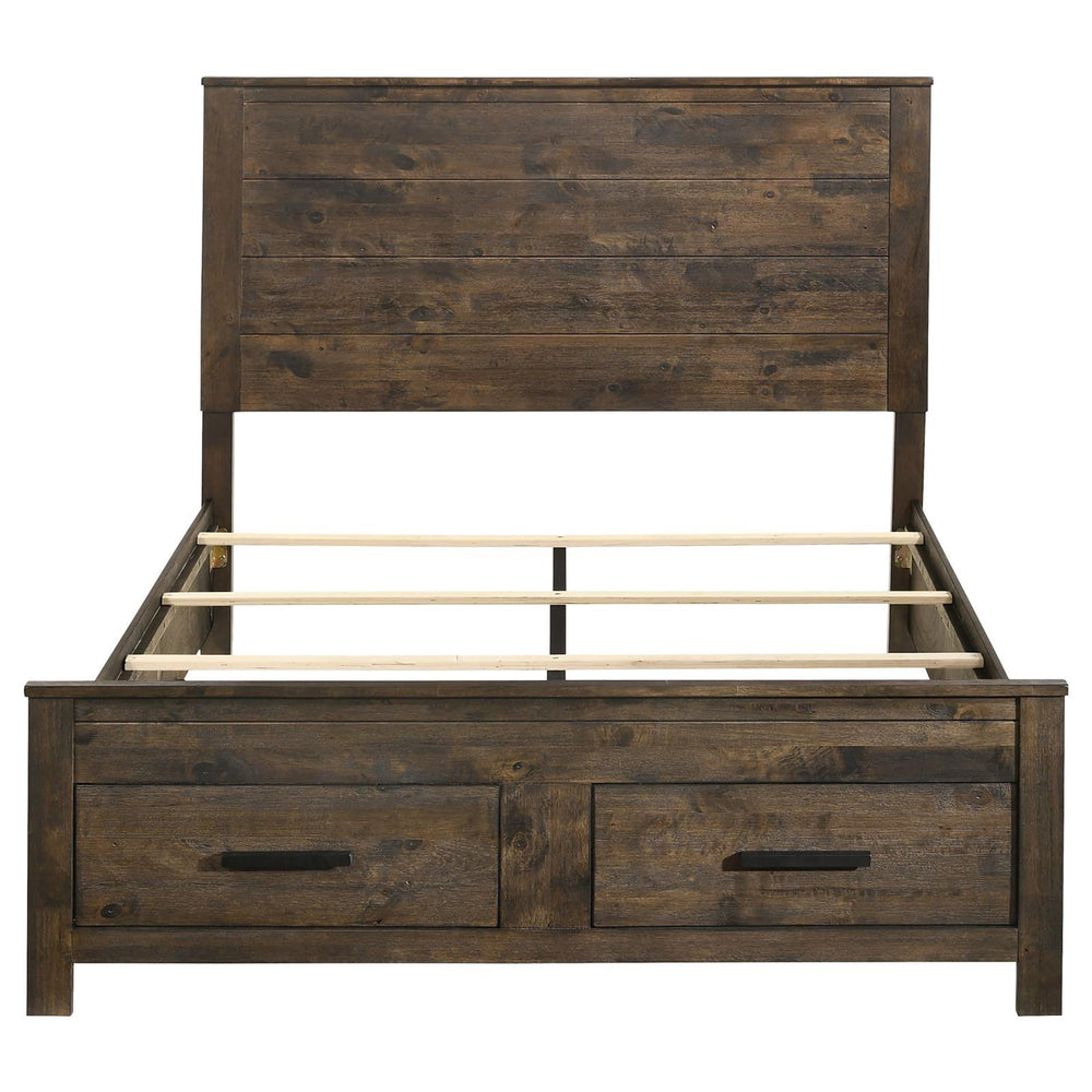 English Elm Rustic Golden Brown Queen Platform Storage Bed with Plank Headboard, 2 Drawers, Solid Hardwood Craftsmanship B062S00265