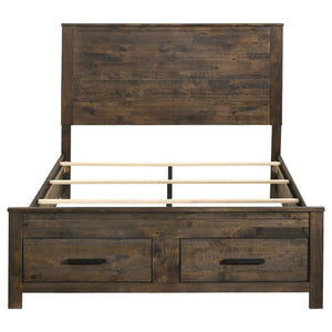 English Elm Rustic Golden Brown Queen Platform Storage Bed with Plank Headboard, 2 Drawers, Solid Hardwood Craftsmanship B062S00265