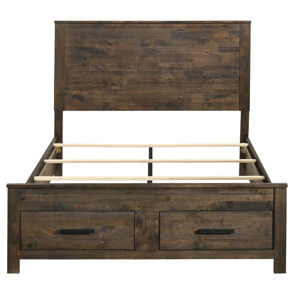 English Elm Rustic Golden Brown Queen Platform Storage Bed with Plank Headboard, 2 Drawers, Solid Hardwood Craftsmanship B062S00265