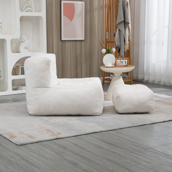 English Elm Fluffy Velvet Bean Bag Lounge Chair with Ottoman Memory Foam Adult Bedroom Seating White W1996131041