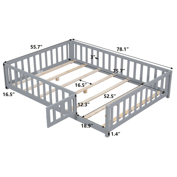 English Elm Full Full Size Floor Platform Bed with Safety Fence and Door, Montessori Toddler Frame with Slats, Sturdy Pine Construction for Secure Sleep and Playtime Grey 77.76 L x 17.52 W x 6.3 H W1716132148